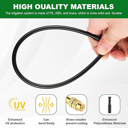 Drip Irrigation System, 50FT 1/4" Garden Watering for Outdoor Plants & Raised Beds, 15pcs Upgraded Brass Nozzles 360° Adjustable Misting Kit, UV-Resistant Tubing for Greenhouse, Lawn & Patio Cooling