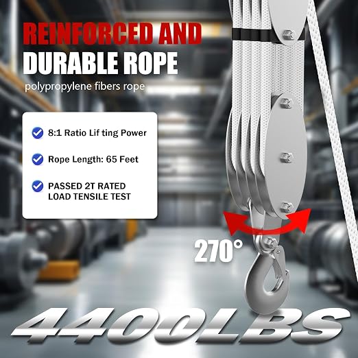 YATOINTO Upgraded Rope Pulley Hoist 4400LBS with Rope Guide, 8:1 Power Pulley Block and Tackle System, 65ft Pulley Block 2200LB Loading Capacity, Heavy Duty Rope Hoist for Hunting Garage Warehouse