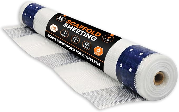 Xpose Safety Fire-Retardant Scaffold Sheeting 8.5' x 100' – 12 Mil White Polyethylene, Heavy Duty Reinforced, UV & Water Resistant, Tear-Resistant Construction Wrap for Weather Protection