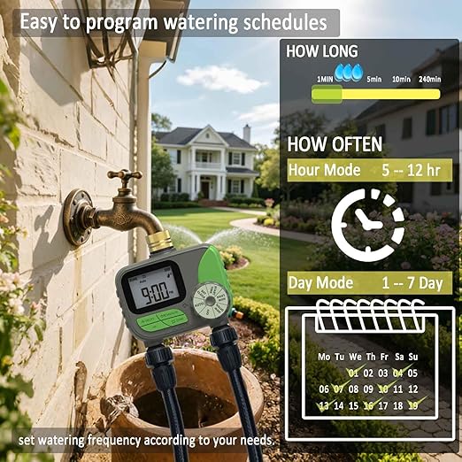 Drip Irrigation System with Water Timer(Dual System) Plug-in Quick Connection Drip Irrigation Kit 5/16“ID and 1/4 Inch Pipe Auto Watering System for Garden Spray, Greenhouse, Lawn, Potted Plants