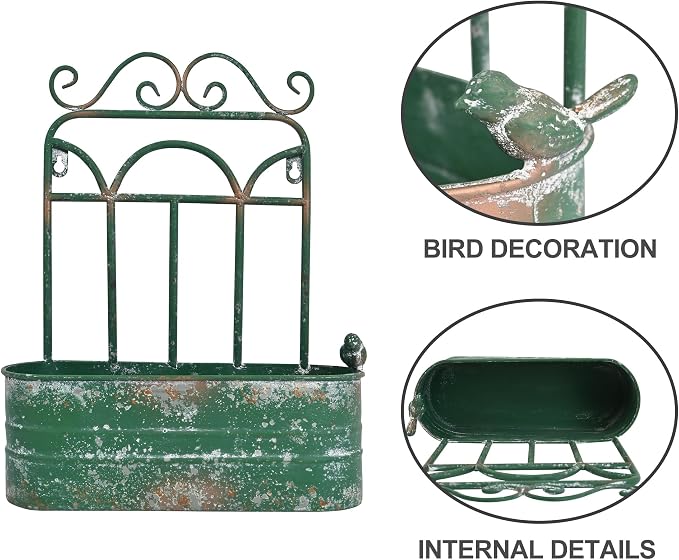Rustic Metal Wall Planter Vintage Wall Mounted Flower Pot Distressed Wall Hanging Plant Basket Farmhouse Wall Decor for Indoor Outdoor Garden Home Yard (Green)