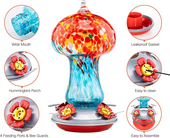 Muse Garden Gifts for Women Hummingbird Feeders for Outdoors Hanging Ant and Bee Proof, Blown Glass Hummingbird Feeder with Ant Moat, Christmas Gardening Gifts for Women Mom, 28OZ, Ocean Sunrise | Muse Garden Gifts for Women Hummingbird Feeders for Out...