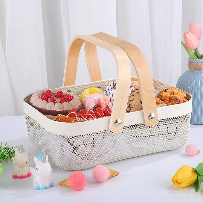 AJIODA Metal Mesh Steel Basket, Storage Organizer Basket Garden Harvest Basket Multi-functional Kitchen Fruit Baskets Bin with Wooden Handle for Bathroom Picnic Shopping Decor Cabinet Home, White