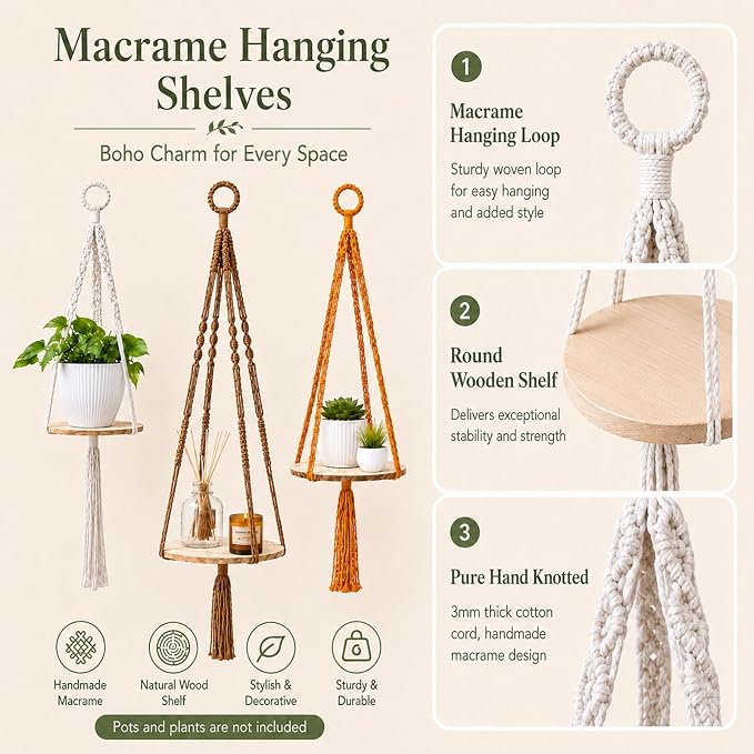 Artilady 3 Pack Hanging Planter with Wood Shelf, Macrame Plant Hanger for Indoor Boho Plants Basket Holder for Window Balcony Kitchen