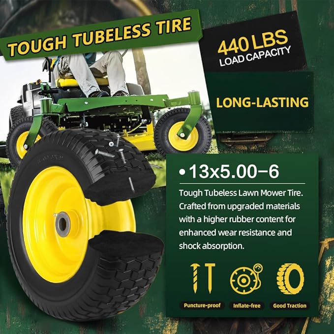 13x5.00-6 Tire and Wheel Assemblies (2 Pack),13 x 5 x 6 Tubeless Rubber Tires and Wheel for Riding Lawn Mower - With 3/4" Bushings (Extra 5/8" Bushings) and 3" Centered Hub (Yellow)