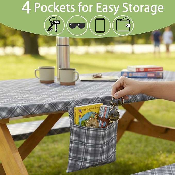 Fitted Waterproof Picnic Table Cover with Bench Covers Heavy Duty Elastic Outdoor Camping Tablecloth for 8 Foot Rectangle Tables Summer Rv Accessories Patio Garden Road Trip Essentials Gifts