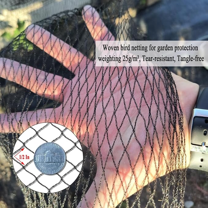 Junflying Bird Netting, 10x50 FT – 1/2" Mesh, Woven Garden Netting Against Birds, Deer, Rabbits, Small Animals, Mesh Net Roof Cover for Bed, Vegetables, Fruit Tree, Blueberry Bush & Strawberry Plant