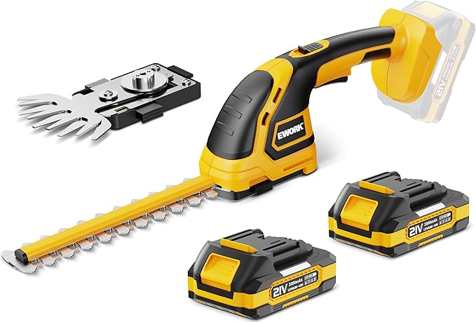 EWORK 21V Cordless Hedge Trimmer & Grass Shears 2-in-1 Handheld Electric Bush Trimmer, 2x2.0Ah Battery & Charger Included, Lightweight Shrub Trimmer for Garden Yard Lawn Patio Maintenance