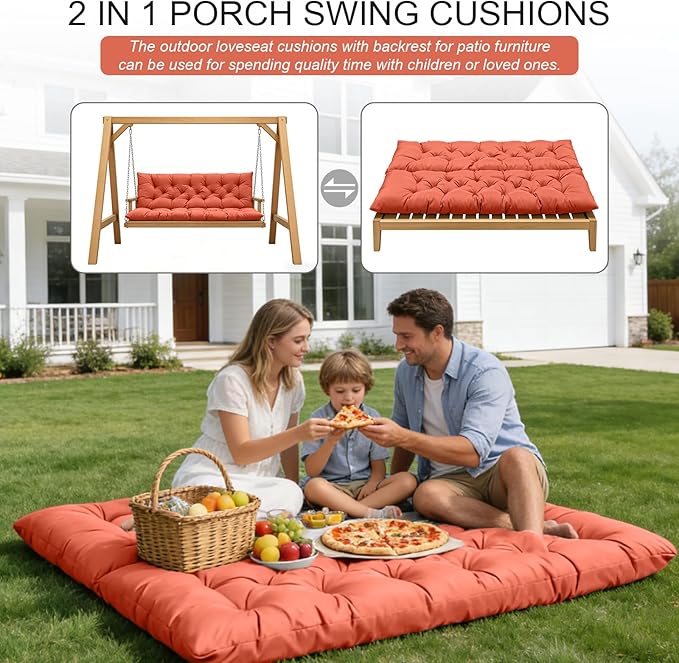 Porch Swing Cushions, Outdoor Swing Replacement Cushions 3 Seater with Backrest, Waterproof Bench Cushion with Ties,for Patio,Porch, Garden,Backyard