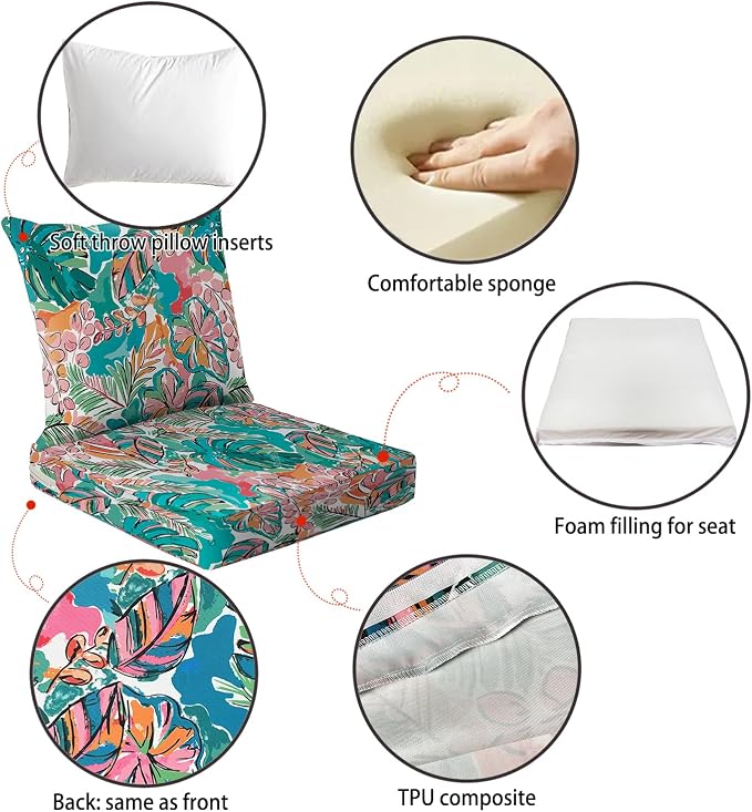 All Smiles Waterproof Outdoor Seat Cushions for Patio Furniture Set of 22x22 Inch for Replacement Cushions with Removable Cover for Chair Yard Garden Deck，Pink and Teal