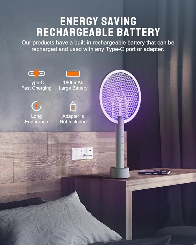 Mosiller Electric Fly Swatter Racket, 4000V Bug Zapper with 1800mah Rechargeable Battery & Dual Modes, 2 in 1 Purple Mosquito Light Killer with 3-Layer Safety Mesh for Indoor Home Patio Camp(2 Pack)