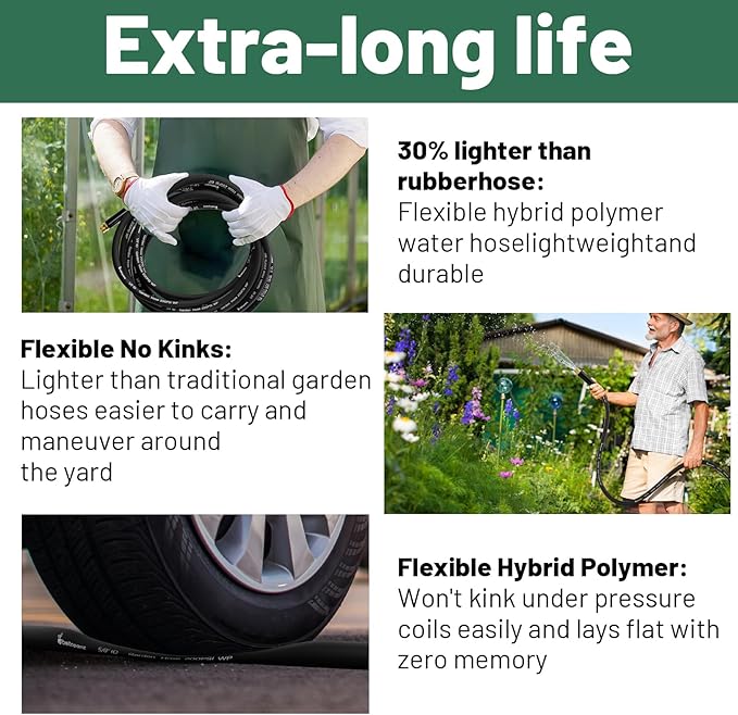 Beitopamz 100 ft Garden Hose, 5/8 in Heavy Duty Water Hose, Flexible and Durable, Lightweight Rubber Hybrid Hose, Leak-Free Connections, Male to Female 3/4'' Brass Fittings for Patio, Lawn, Black