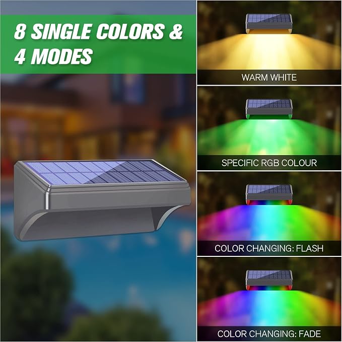 Bridika Solar Fence Lights, 8 Pack Plus Size, Warm & RGB Color Changing, Outdoor Waterproof, 100 Lumen, 8 Specific Colors & 4 Switchable Modes, Ideal for Backyard, Patio, Deck, Fence