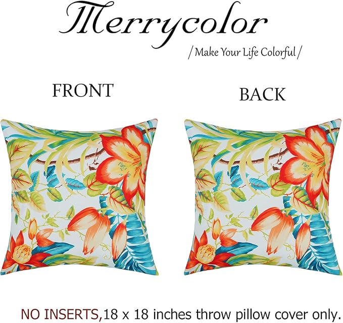 Merrycolor Pack of 2 Outdoor Pillow Covers 18x18 Waterproof Decorative Floral Square Pillowcase Cushion Cases Outdoor Pillows for Patio Furniture Garden Balcony Couch
