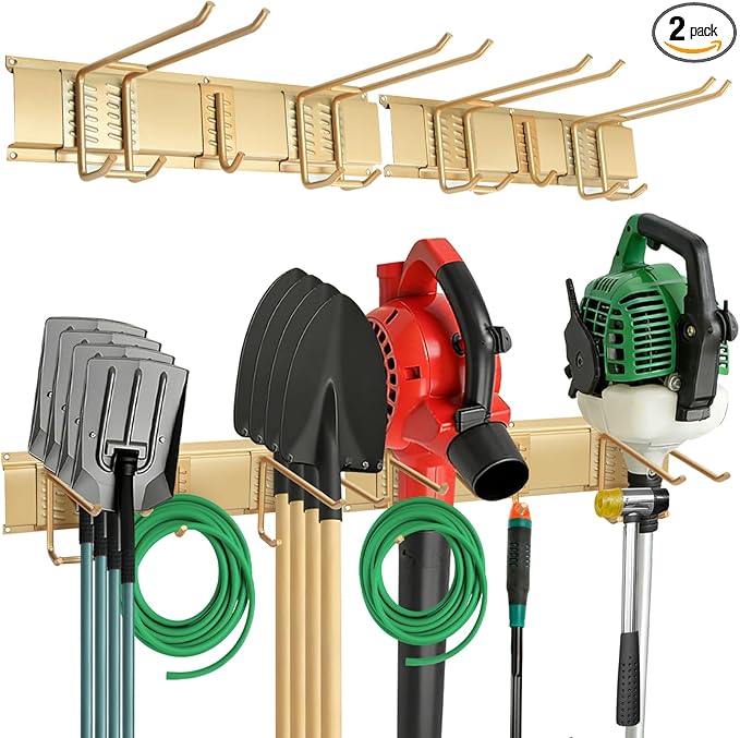 SMILECAT Wall-Mounted Garage Tool Storage & Organization Products.2Panels 6Hooks Carries 675 lbs,33in Storage Rack With Adjustable Heavy Duty Hanging Hooks.Perfect for Shovel,Yard Tools and Shed.Gold