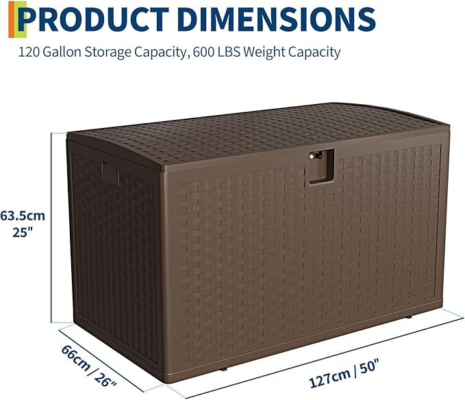 CABIHOME 120 Gallon Large Outdoor Deck Storage Box - Waterproof, Lockable Resin Organizer - Weatherproof Rattan Style for Patio Furniture, Garden Tools, Pool Accessories - With Side Handles, Brown