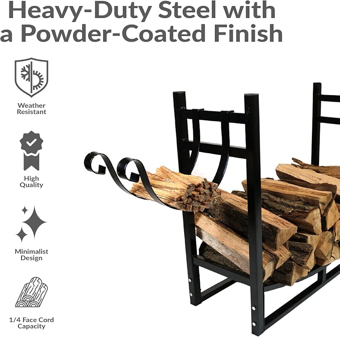 Sunnydaze 33" Indoor Firewood Rack with Kindling Log Holder - Heavy-Duty Outdoor Wood Storage for the Fire Pit or Fireplace - Black