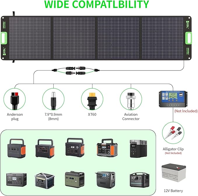 EBL 200W Portable Solar Panel for Power Station, Foldable Solar Charger w/ 4 Kickstands, IP65 Waterproof Solar Panel Kit w/DC XT60 Anderson Aviation Output for Outdoor RV Camper Blackout