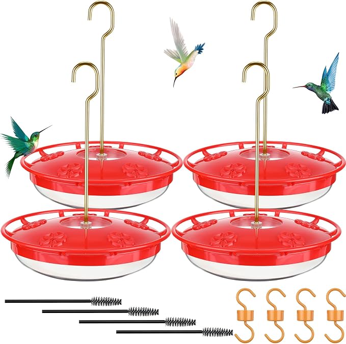 4 Sets Hummingbird Feeder for Outdoors Hanging 16 oz Saucer Humming Feeder with 5 Feeding Ports Flat Hummingbird Feeders Easy to Clean Including Hanging Hook, with Brushes