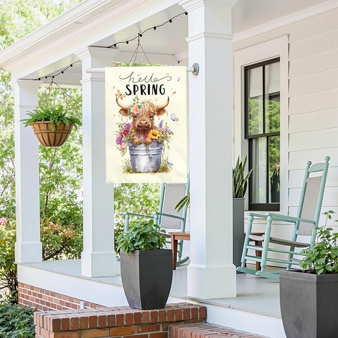 Hello Spring Garden Flag Large Highland Cow Polyester House Banner Double Sided Vertical Farmhouse Butterfly Floral Yard Flags Rustic Daisy Banner for Seasonal Outdoor Decor 28 x 40 Inch