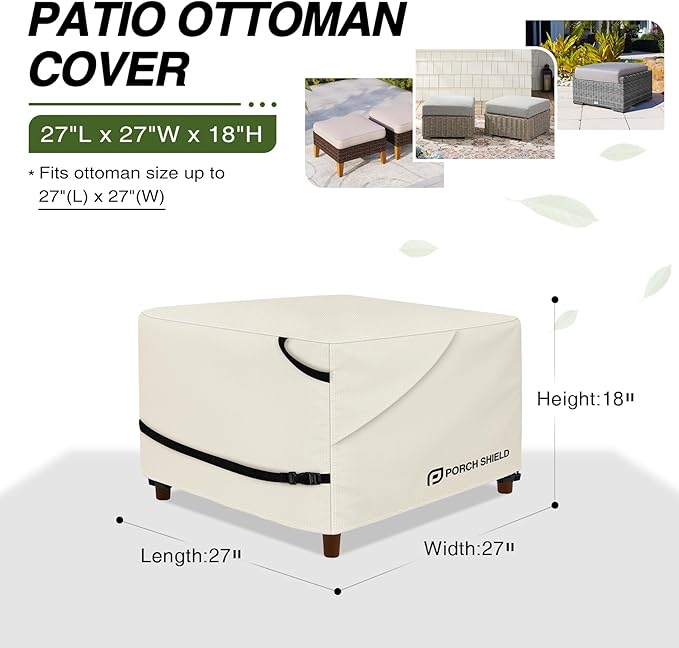 Porch Shield Patio Ottoman Cover - Waterproof Outdoor Square Side Table Covers – 27L x 27W x 18H inch, Beige