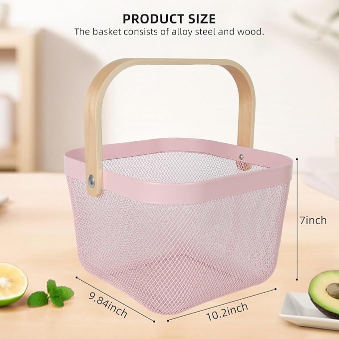 Mesh Steel Garden Harvest Basket with Wood Handle,Hanging Kitchen Baskets Outdoor Basket,Harvest Basket for Garden Vegetables,For Shopping Kitchen Bathroom Home(Pink)