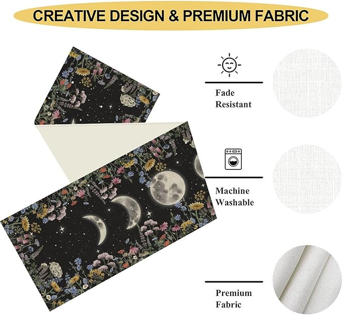 Floral Moon Table Runner, Boho Rustic Spring Flower Moon Phase Seasonal Garden Mystical Gothic Coffee Table Center Decor for Family Kitchen and Living Outdoor Farmhouse Table Decorations, 13"x108"