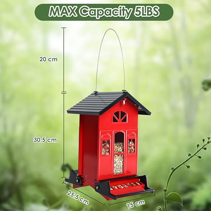 Birdkiss Bird Feeder Squirrel-Proof Outside: Country House Series for Hanging - Metal - 5LBs Seed - Weight-Activated for Outdoors - Large Capacity and Red