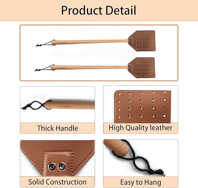 DEBETOOL Fly Swatter Set - 2 Pack Wooden Leather Fly Swatter with Hanging Rope, Heavy Duty Fly Swatter for Indoors and Outdoors (2 Brown)