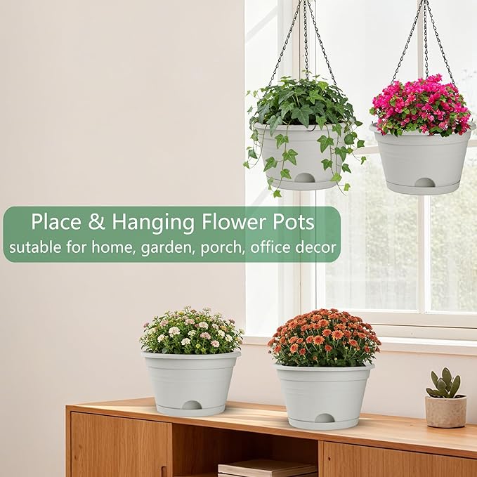 Nooulap 4 Pack Hanging Planters, 10 Inch Hanging Plant Pot with Hanger Chain & Drainage Trays, Hanging Baskets for Plants Outdoor Indoor, Flowers Pots for Home, Garden, Porch Decor (Grey)