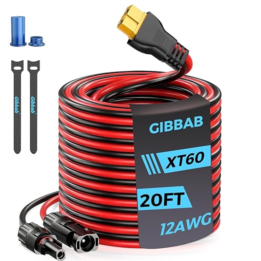20FT 12AWG XT60 Solar Charging Cable, GIBBAB Solar Panel Connector to XT60 Extension Charge Adapter Cable with Caps & Wire Ties for LiFePO4 Battery RV Portable Power Station Ecoflow Generator