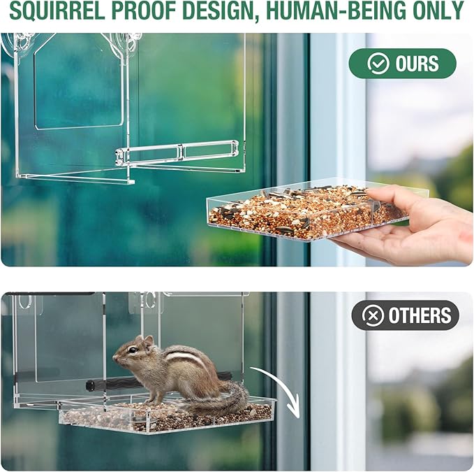 Window Bird Feeder, Suction Cup Window Birdfeeder for 6.8" Larger Viewing, Squirrel-Proof Strong Suction Cup Bird Feeder w/Self-Adhesive for Cats Outdoors
