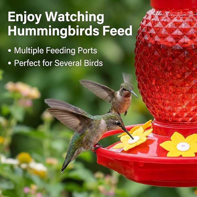 Fchstaer Glass Hummingbird Feeders for Outdoors Hanging Ant and Bee Proof 16OZ 1 Pack Red Pineapple Humming Bird Feeder with 6 Feeding Ports and Ant Moat Hummingbird Gifts for Women Garden Decor