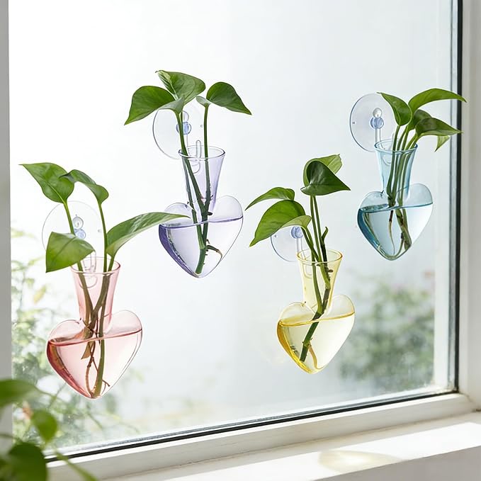 Bunmery Window Propagation Stations, 4 pcs Colored Heart Plant Propagation Station with Suction Cups, Easy to Install Window Hanging Planer, Indoor No Nails Glass Vase Terrarium for Plants&Flowers