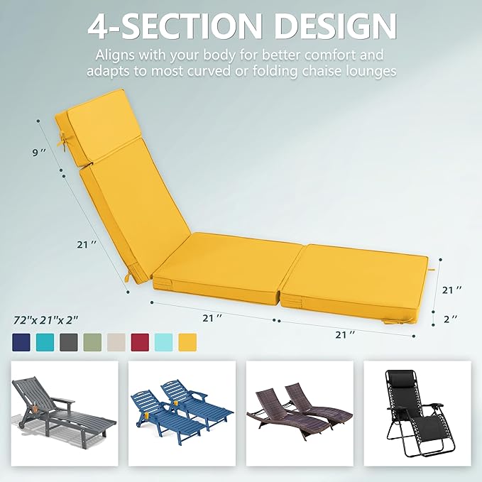 72 x 21 Inch Outdoor Chaise Lounge Cushion - Removable Cover, 4-Section Design, Water-Repellent & Fade-Resistant, 6 Tie Straps, Replacement for Patio & Pool Chairs - Yellow