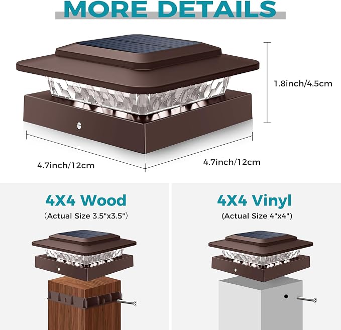 kolpop 4x4 Solar Post Cap Lights Outdoor 4Pack- 3 Color Temperatures&2 Level Brightness, IP65 Waterproof, 16 LED Fence Deck Post Light Solar Powered Only for 4×4/3.5×3.5 Wood/Vinyl Posts(Brown)