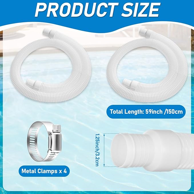 2 Pack 1.25×59in EVA Pool Professional Hoses with 2026 Upgrade Flexible Tube Head and 4 Metal Clamps for Above Ground Pools Pump Replacement Hose Pool Supply for Heavy Duty Hose (White)