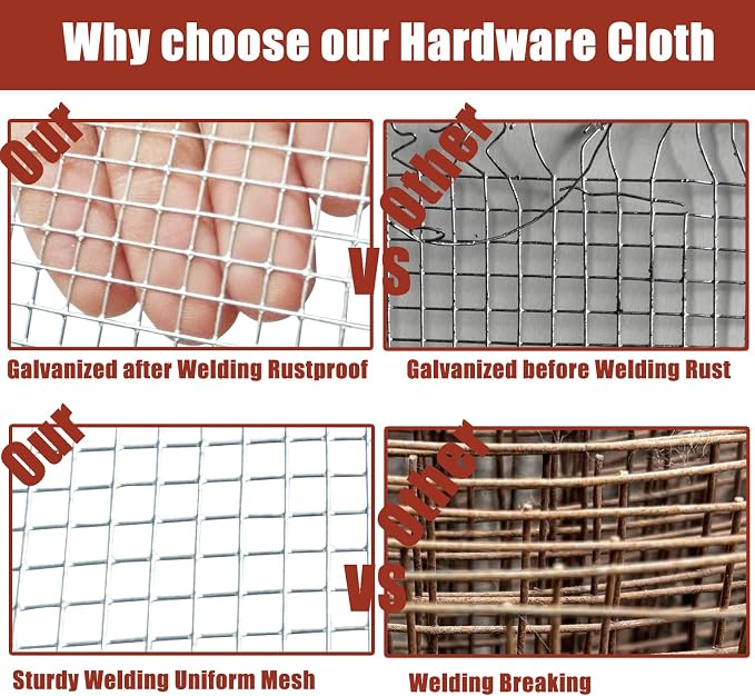 Galvanized Hardware Cloth 24in X 20ft, 1/4 Inch 23 Gauge Galvanized After Welding Square Mesh, Wire Mesh, Chicken Wire Fence, Rabbit/Snake Fences - Metal cage for Protecting Vegetables, Garden & Home