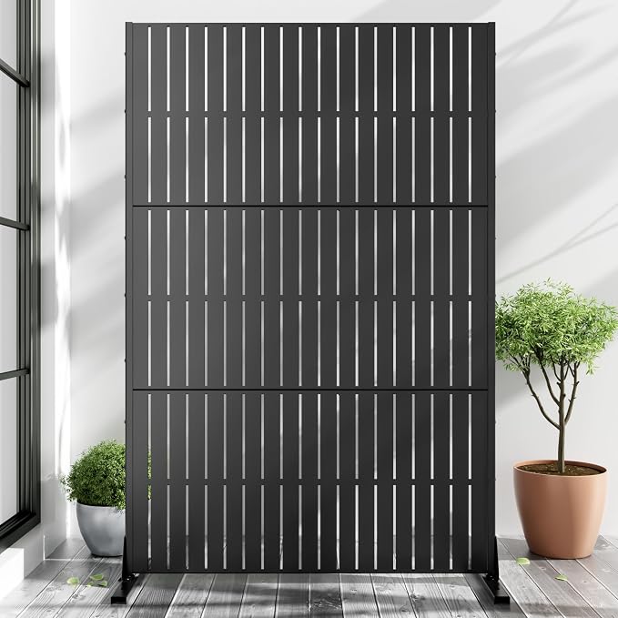 Casaphoria 72" H x 47" W Metal Outdoor Privacy Screen, Freestanding Decorative Divider for Patio, Deck, Balcony, and Garden with Stable Base, Black-Fence