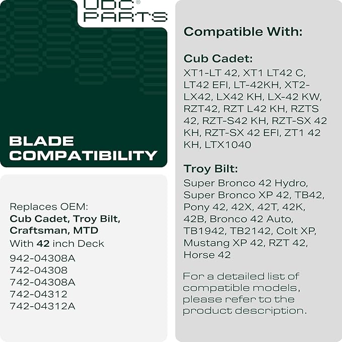 UDC Parts 942-04308 942-04308A Mower Blades Replacement for Cub Cadet 42 inch XT1 LT42 Craftsman T110 Troy Bilt Pony LTX1040 942-04308-X 942-04312 with 6 Point Star Hole/High Lift Mulching 2 Pack