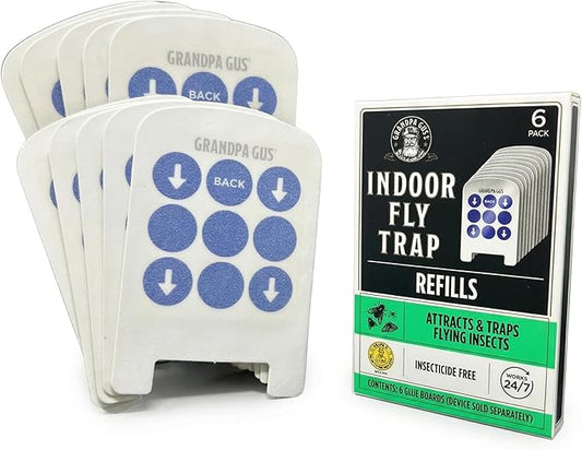 Grandpa Gus’s Indoor Fly Trap Refill Glue Boards 6 Pack - Sticky Replacement Cards for Flies, Gnats, Fruit Flies, Mosquitoes & Moths - Plug-in UV Light Trap Refills for Indoor Flying Insect Control