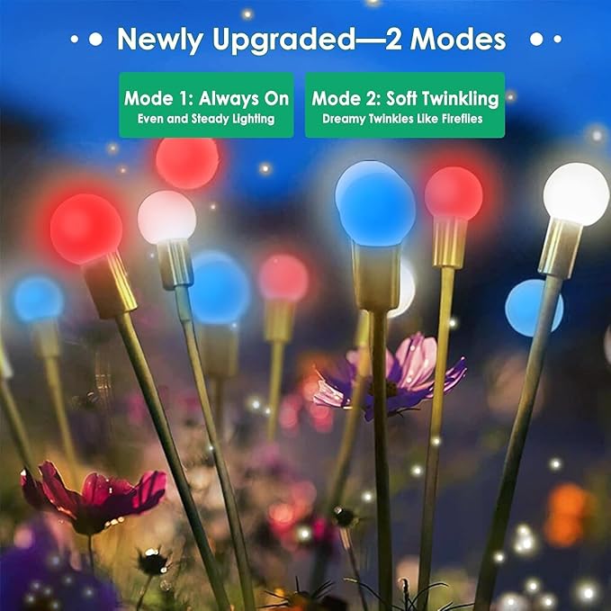 4th of July Decorations Outdoor, 8 Pack Red White and Blue Solar Garden Lights 48 LED, 2 Modes Solar Firefly Lights Outdoor Waterproof for Independence Day Garden Yard 250 Anniversary USA Decoration
