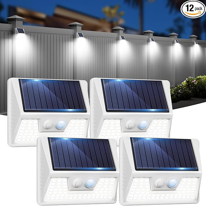 vighep 4 Pack Solar Fence Lights Waterproof, Motion Sensor Deck Lights Outdoor, Cold White LED Outside Lights Wireless for Wall Yard Steps Stairs Garden - White