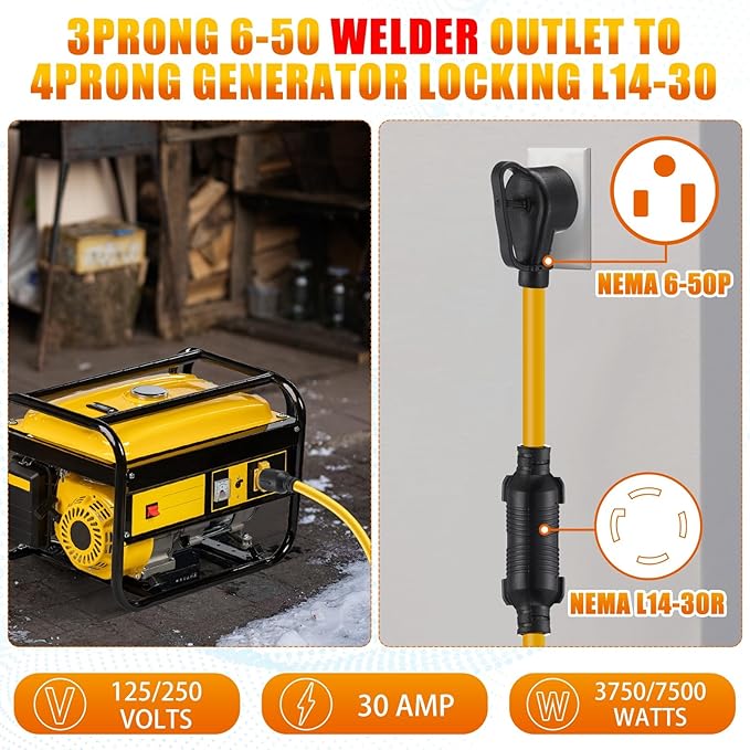 Tellegloww NEMA 6-50P to L14-30R 6.6 FT 30 Amp Welder Adapter Cord, 3 Prong 50amp Welding Outlet to 4 Prong 30amp Generator Locking Plug, Generator to Welder Adapter STW 10 AWG, ETL Listed