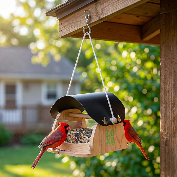 LONA Wooden Bird Feeder for Outdoors Hanging, Large Capacity Hopper with Weatherproof Roof Birdfeeder for Feeding Outside Garden Wild Birds Cardinals Finches Robin Sparrow Blue Jay Chickadees