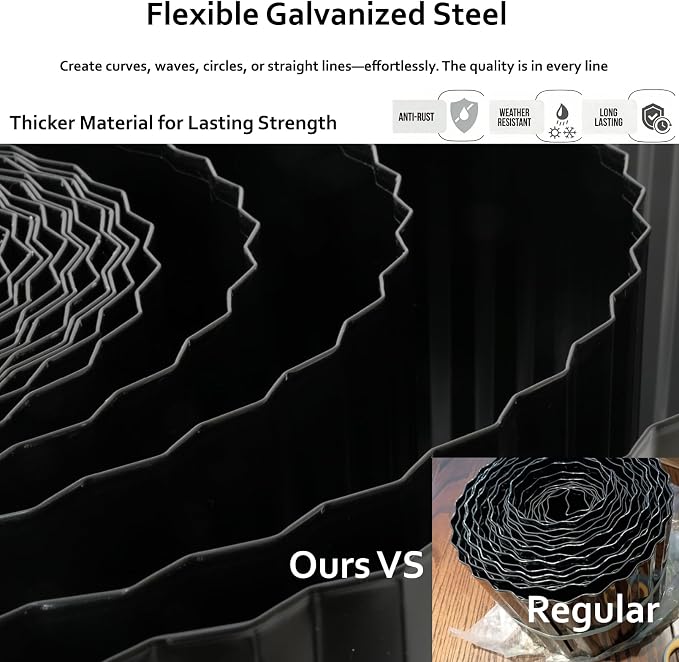 A ANLEOLIFE 60FT Galvanized Steel Landscape Edging Roll, 4" Tall Sturdy Flexible Corrugated Metal Lawn Border for Garden, Pathway & Flower Beds, Black