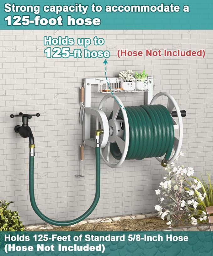 Artigarden Outdoor Wall Mounted Hose Reel with Hook, Garden Heavy-Duty Water Hose Holder Winder with 3.9 ft Leader Hose, Brass Fitting and Storage Basket for Yard, Holds 125 Ft of 5/8-Inch Hose, White