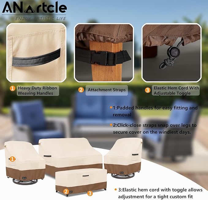 ANartcle Patio Furniture Covers 4 Piece Set, 600D Waterproof Heavy Duty Outdoor Furniture Covers,Fit Wicker Patio Sofa, Swivel Rocker Chair and Coffee Table,Beige&Brown