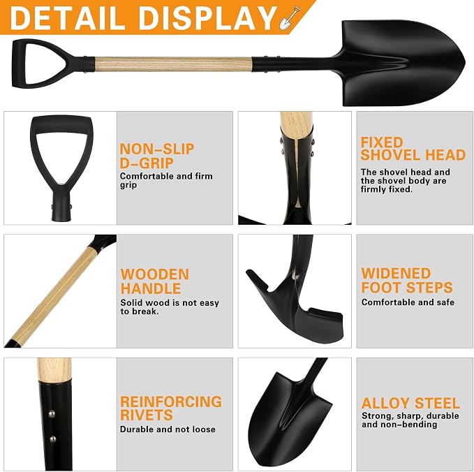 41-Inch Round Heavy Duty Digging Shovel, Wooden Handle with D-Grip & Alloy Steel Head, Ideal for Garden, Construction, and Masonry - Perfect for Digging Soil, Dirt, and Gravel