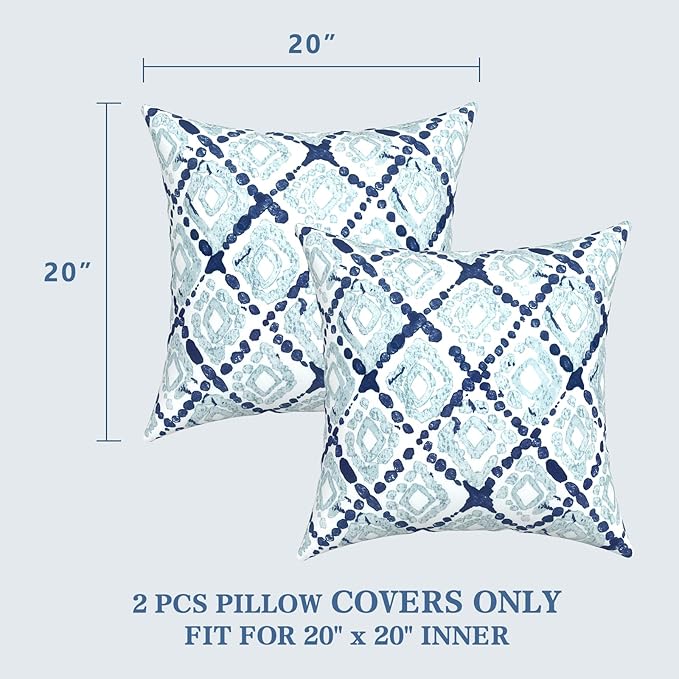 LVTXIII Outdoor Pillow Covers 20x20 Inch, 2 Pack Large Square Throw Pillow Cases, Fade-Resistant Cushion Covers for Patio Furniture Sofa, Garden Porch, Boho Geometry Blue